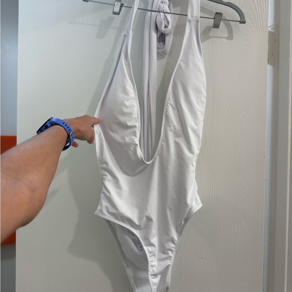 White Halter One-Piece Swimsuit - backless